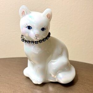 Vintage Fenton White Iridescent Calendar Cat | Blue Topaz Birthstone Collar